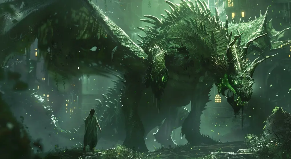 The man standing infront of the giant green dragon