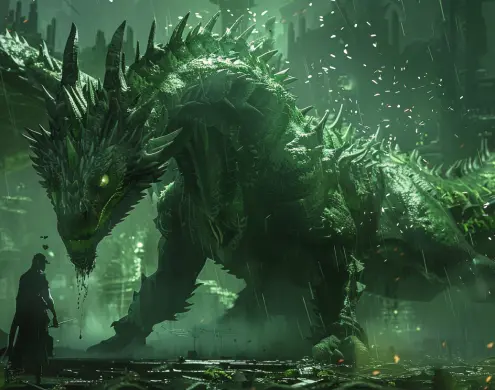 Warrior is standing infront of giant green dragon